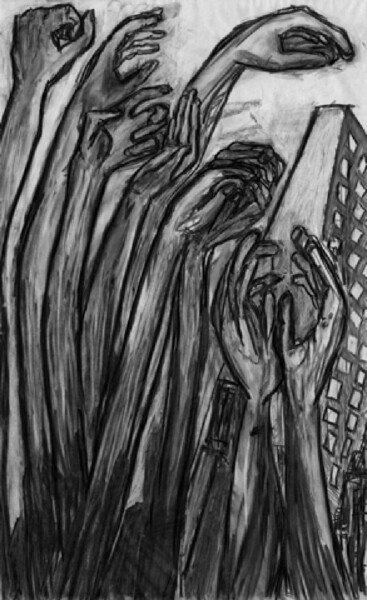 Tekening getiteld "Manus #artistsuppor…" door Cynthia Pedrosa, Origineel Kunstwerk, Houtskool Gemonteerd op Frame voor houte…