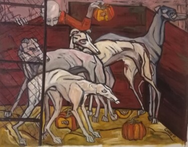 「Enfermé dehors」というタイトルの絵画 Cynthia Pedrosaによって, オリジナルのアートワーク, オイル ウッドストレッチャーフレームにマウント