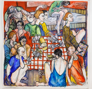 Pintura intitulada "Gare aux pigeons" por Cynthia Pedrosa, Obras de arte originais, Óleo