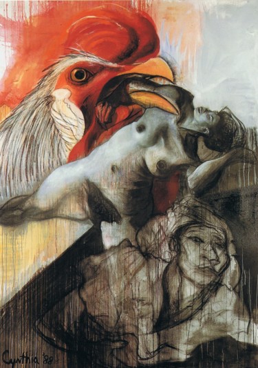 Malerei mit dem Titel "Woman and Cock, 1988" von Cynthia Ruffin, Original-Kunstwerk, Acryl