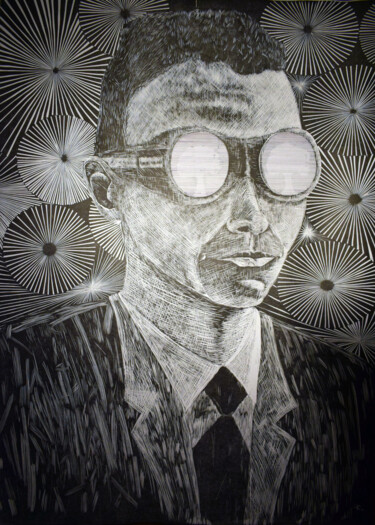 Impressões e gravuras intitulada "Robert Oppenheimer…" por Cyprian Hołownia, Obras de arte originais, Linoleogravura