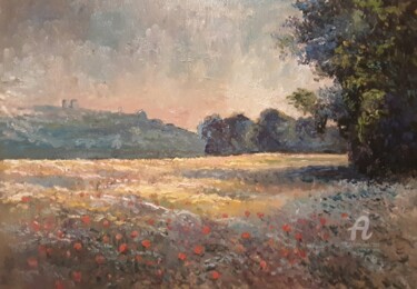 Painting titled "Paysage - Champs pr…" by Cyriaque Millet, Original Artwork, Oil