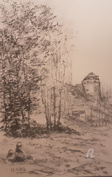 Tekening getiteld "Langres-vue sur le…" door Cyriaque Millet, Origineel Kunstwerk, Houtskool