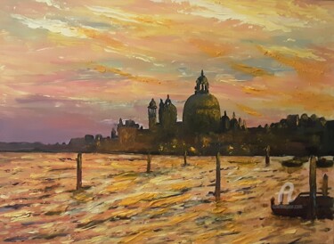 Painting titled "Venise orange" by Cyriaque Millet, Original Artwork, Wax Mounted on Wood Stretcher frame