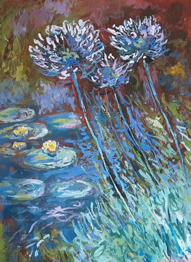 Pittura intitolato "Monet agapanthes et…" da Cyriaque Millet, Opera d'arte originale, Cera