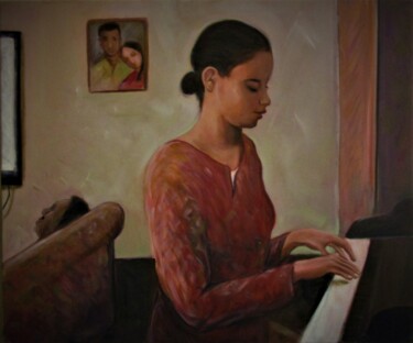 Painting titled "Piano girl" by Cyril Harris, Original Artwork, Oil