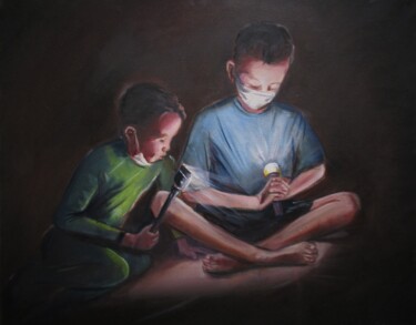 Painting titled "Boys in light 2" by Cyril Harris, Original Artwork, Oil