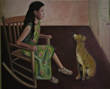 Schilderij getiteld "Sophia and her dog" door Cyril Harris, Origineel Kunstwerk, Acryl