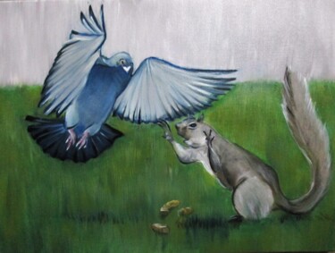Schilderij getiteld "Pigeon vs squirrel" door Cyril Harris, Origineel Kunstwerk, Olie