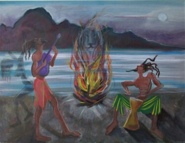 Painting titled "Rasta on the Beach" by Cyril Harris, Original Artwork, Acrylic