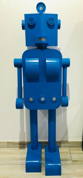 Sculpture titled "Le robot bleu" by Cyrille Plate, Original Artwork, Aluminium