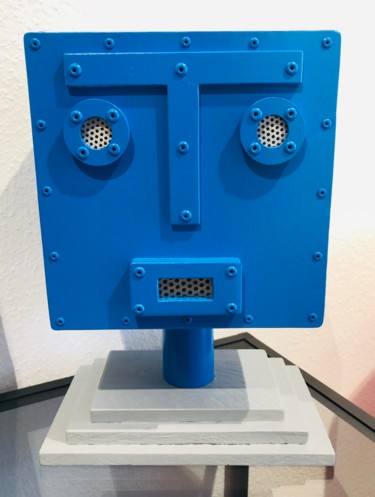 Skulptur mit dem Titel "Tête de robot bleue" von Cyrille Plate, Original-Kunstwerk, Aluminium