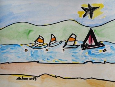 Pintura intitulada "Les Bateaux" por Cyrille Baudrin, Obras de arte originais, Aquarela