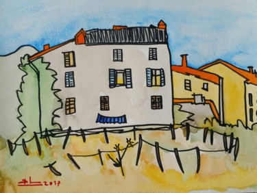 Painting titled "Maisons Corse" by Cyrille Baudrin, Original Artwork, Watercolor