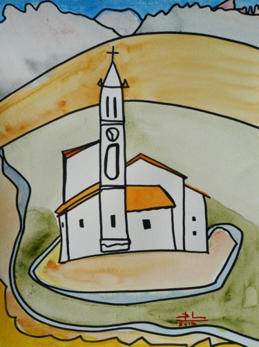 Painting titled "Église de Calacuccia" by Cyrille Baudrin, Original Artwork, Watercolor