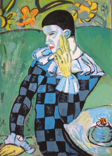 Schilderij getiteld "Pierrot à la manièr…" door Cyrus, Origineel Kunstwerk, Olie
