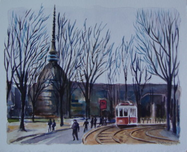 Peinture intitulée ""TORINO Tram Storic…" par M.D-Agostino, Œuvre d'art originale, Aquarelle