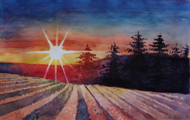 Painting titled "Tramonto sulla neve" by M.D-Agostino, Original Artwork, Watercolor