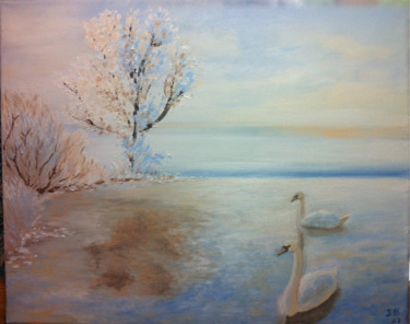 Painting titled "Lac des cygnes" by D. Bouchard, Original Artwork, Oil