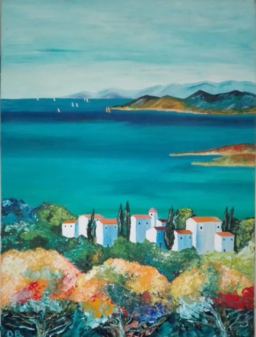 Schilderij getiteld "Village en bord de…" door Delphine Goudounesque, Origineel Kunstwerk, Olie