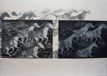 Incisioni, stampe intitolato "chevaux en liberté 1" da Dominique Duhot, Opera d'arte originale, incisione Montato su Plexigl…