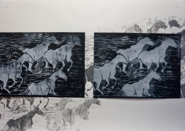 Gravures & estampes intitulée "CHEVAUX EN LIBERTÉ 2" par Dominique Duhot, Œuvre d'art originale, Gravure Monté sur Plexiglas