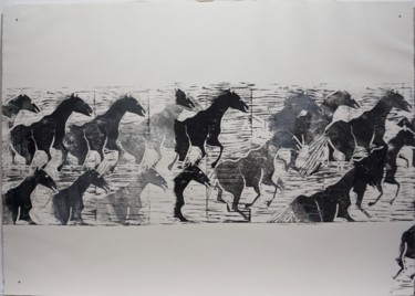 Gravures & estampes intitulée "Chevaux en liberté 3" par Dominique Duhot, Œuvre d'art originale, Gravure Monté sur Plexiglas
