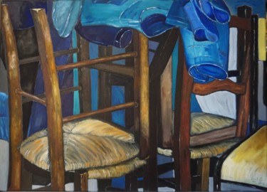 Painting titled "chaises avec jeans…" by Dominique Duhot, Original Artwork, Oil