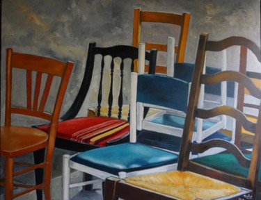 Painting titled "CHAISES MULTICOLORES" by Dominique Duhot, Original Artwork, Oil