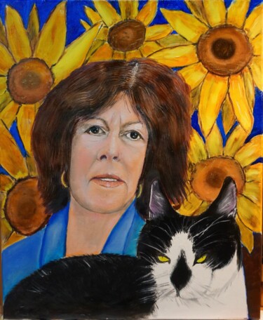Peinture intitulée "chat aux tournesols" par Dominique Duhot, Œuvre d'art originale, Huile