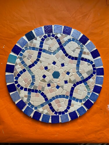 Collages titled "mosaïque ruban bleu" by Dominique Duhot, Original Artwork, Collages Mounted on Wood Panel