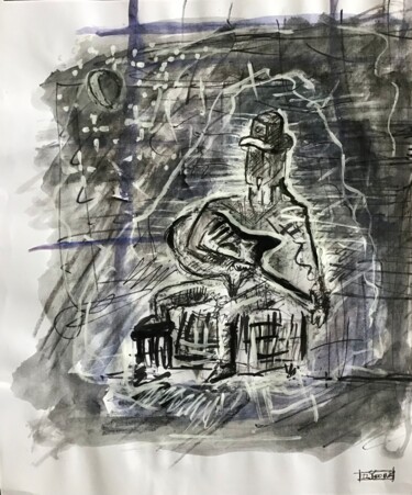 Рисунок под названием "Joueur de blues" - D’Joon, Подлинное произведение искусства, Акварель