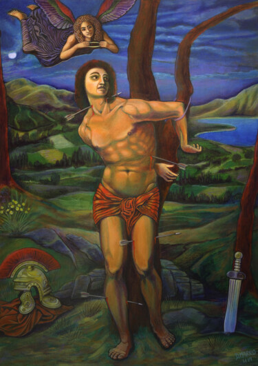 Painting titled "Saint Sebastian the…" by D-Marko-O, Original Artwork, Acrylic Mounted on Wood Stretcher frame