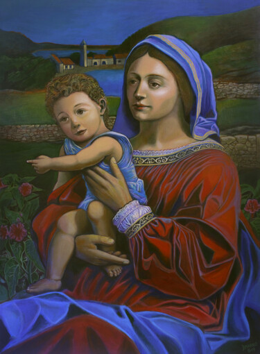 Painting titled "Madonna and Child" by D-Marko-O, Original Artwork, Acrylic Mounted on Wood Stretcher frame