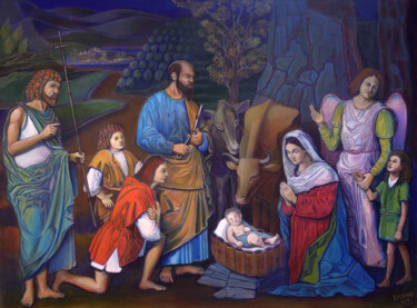Schilderij getiteld "The Holy Family wit…" door D-Marko-O, Origineel Kunstwerk, Acryl Gemonteerd op Frame voor houten branca…