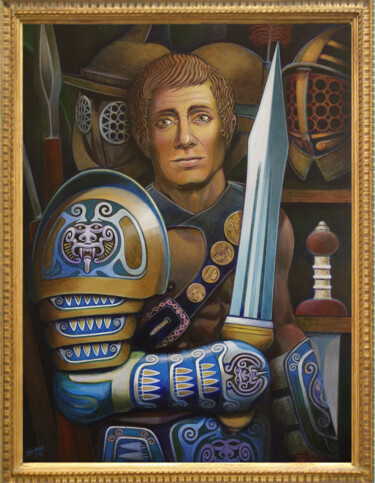 Painting titled "GLADIATOR POSING WI…" by D-Marko-O, Original Artwork, Acrylic Mounted on Wood Stretcher frame