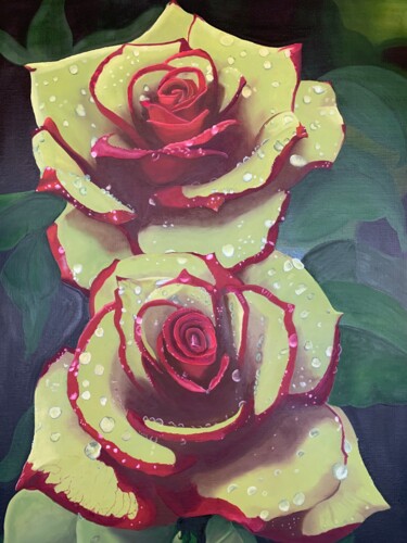 Ζωγραφική με τίτλο "Roses Pourprées" από Noëlle Decombe, Αυθεντικά έργα τέχνης, Λάδι Τοποθετήθηκε στο Ξύλινο φορείο σκελετό
