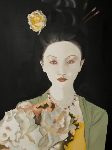 Painting titled "Jeune asiatique aux…" by Noëlle Decombe, Original Artwork, Oil Mounted on Wood Stretcher frame
