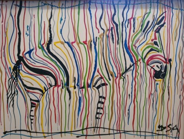 Картина под названием "Zèbre Polychrome" - D.S.A.Rt, Подлинное произведение искусства, Акрил Установлен на Деревянная рама д…