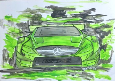 Painting titled "AMG Mercedes-Benz" by D.S.A.Rt, Original Artwork, Watercolor Mounted on Wood Stretcher frame