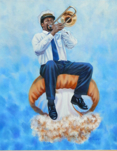Schilderij getiteld "Jazz Below Sea Leve…" door D. Simons, Origineel Kunstwerk, Olie Gemonteerd op Frame voor houten brancard