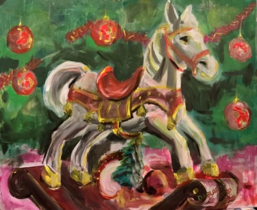 Painting titled "Christmas horse" by Dablart, Original Artwork, Acrylic Mounted on Wood Stretcher frame