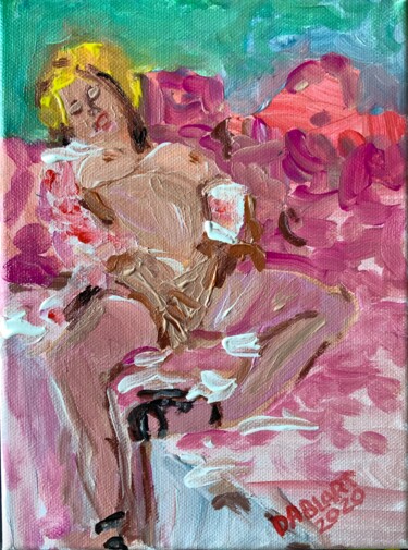 Painting titled "Lying on pink" by Dablart, Original Artwork, Acrylic Mounted on Wood Stretcher frame