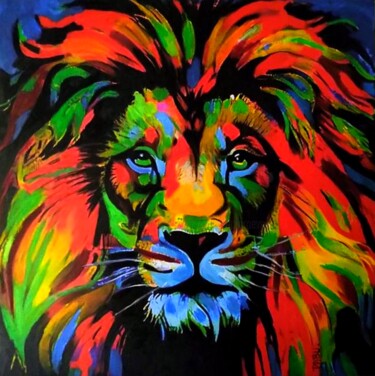Malarstwo zatytułowany „LION COLORS.” autorstwa Dabu., Oryginalna praca, Olej Zamontowany na Drewniana rama noszy