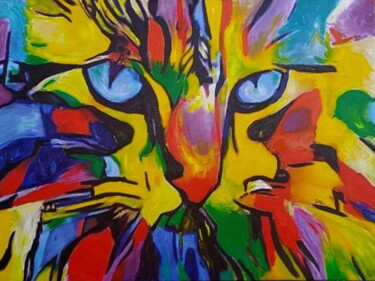 Painting titled "CAT.CHAT." by Dabu., Original Artwork, Oil Mounted on Wood Stretcher frame