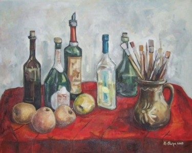 Painting titled "Apples and brushes" by Dacian Giura, Original Artwork, Oil