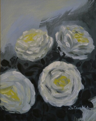 Peinture intitulée "Roses blanches" par Adeline Da Cruz, Œuvre d'art originale, Acrylique Monté sur Carton