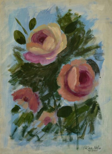 Peinture intitulée "Roses Printanières" par Adeline Da Cruz, Œuvre d'art originale, Acrylique Monté sur Carton