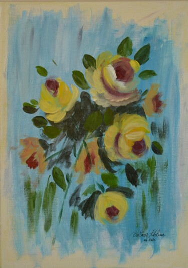 Peinture intitulée "Roses Jaunes 2" par Adeline Da Cruz, Œuvre d'art originale, Acrylique Monté sur Carton