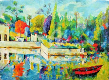 Painting titled "Barco Vermelho" by José Claudinei Da Cruz, Original Artwork, Oil